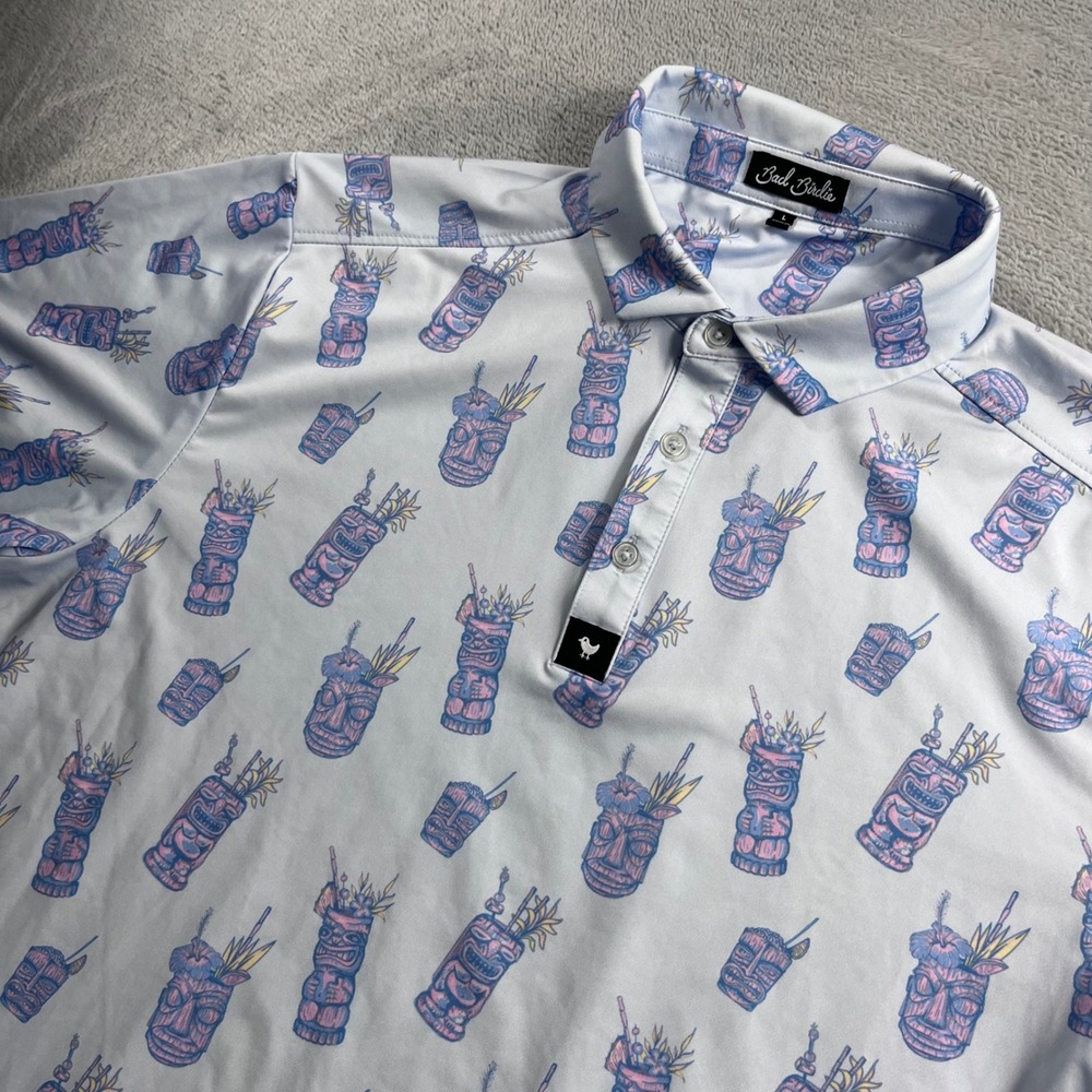 Bad Birdie Mens Tiki Cocktail Print Golf Polo Shirt Blue Size Large
